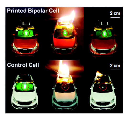 불을 붙여도 터지지 않고 정상 작동하는 플렉시블 전고체 리튬이온전지의 모습.   UNIST 제공